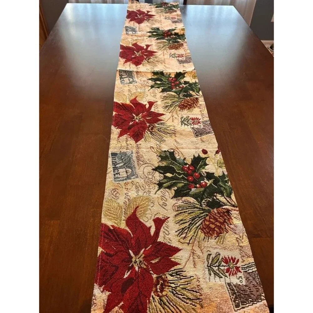 Christmas Poinsettia Tapestry Table Runner Holly Berry & Pinecone Decor
